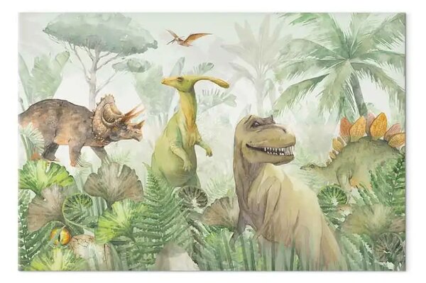 Quadro su tela Dinosauri - rettili ad acquerello in una giungla verde preistorica