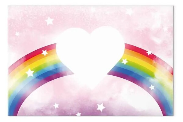 Quadro su tela Cuore splendente - composizione rosa per ragazze su sfondo arcobaleno