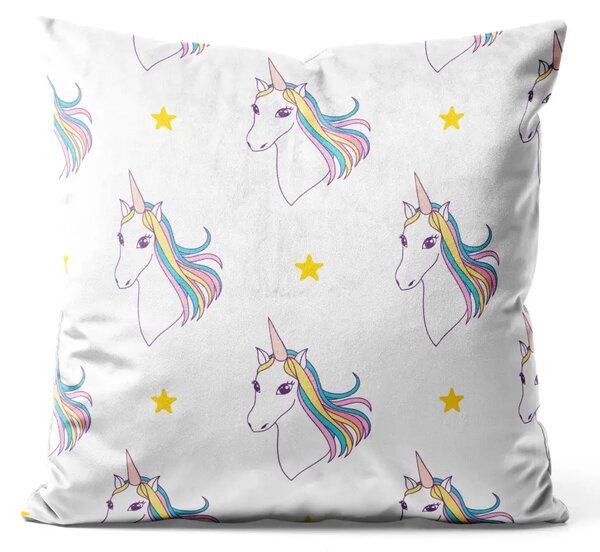 Cuscino in velluto Unicorni e stelle - animali con criniere arcobaleno su sfondo bianco