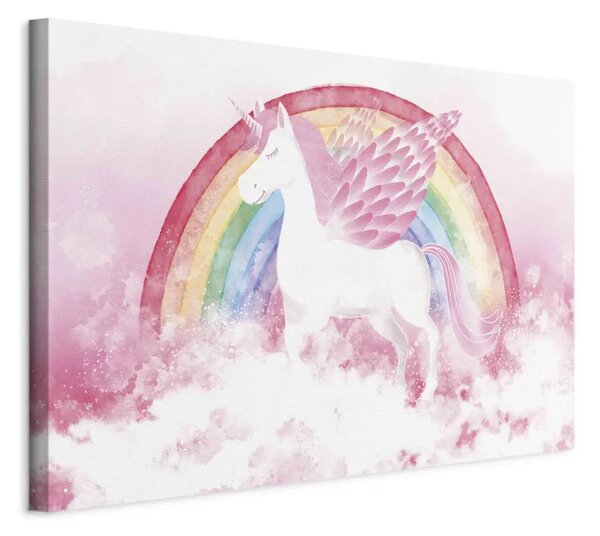 Potere rosa - unicorno con ali e arcobaleno su sfondo di nuvole