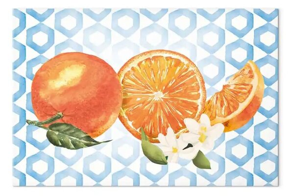 Quadro contemporaneo Frutta siciliana - arance con fiori su uno sfondo di ornamenti blu