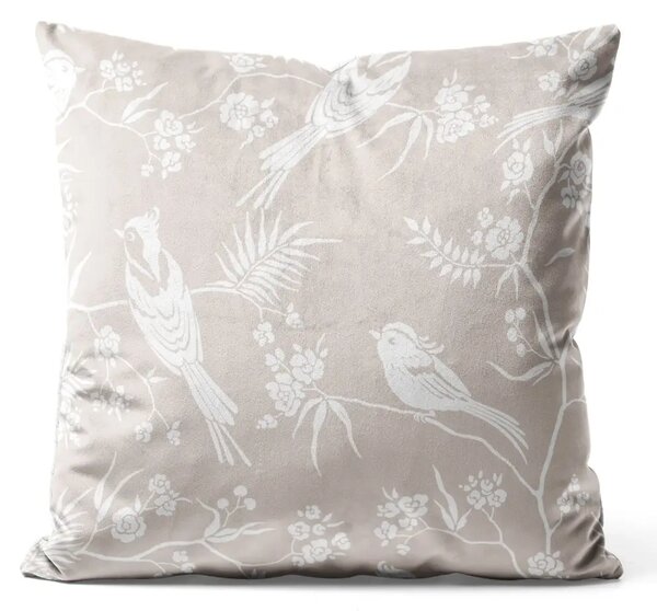 Cuscino in velluto Uccelli su rami - motivo minimalista beige con motivo floreale