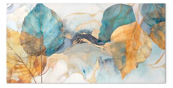 Quadro Un soffio d'autunno - foglie gialle e blu su sfondo astratto