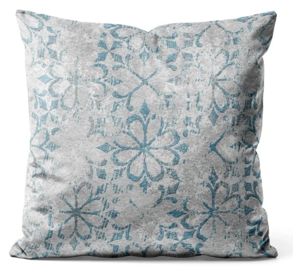 Cuscino in velluto Ornamento blu - motivo floreale su sfondo grigio texturizzato