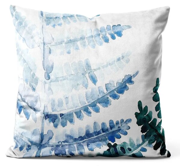 Cuscino in velluto Foglia di felce - composizione organica con piante in acquerello blu