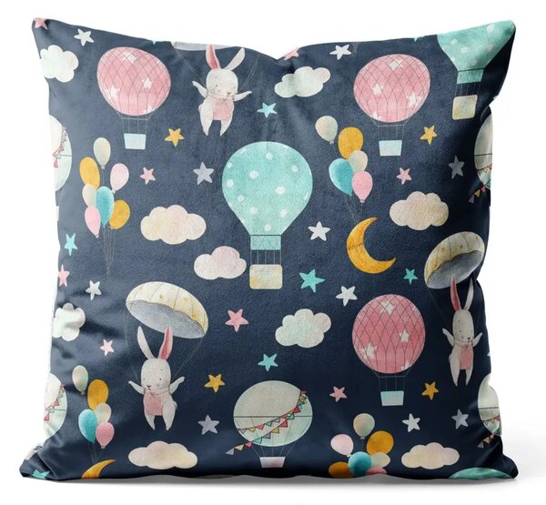 Cuscino in velluto Coniglietti tra le nuvole - animali nel cielo notturno tra le stelle