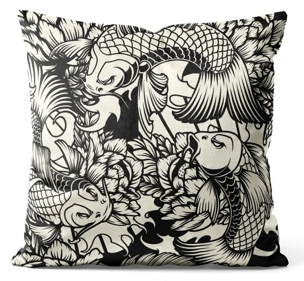 Cuscino in velluto Pesci tra i fiori - carpe koi in bianco e nero