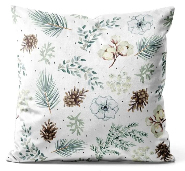 Cuscino in velluto Composizione forestale - rami di alberi e fiori su sfondo bianco