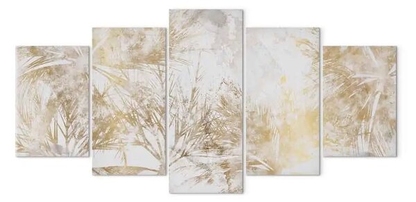 Quadro contemporaneo Foglie tropicali - palme dai toni dorati su sfondo chiaro