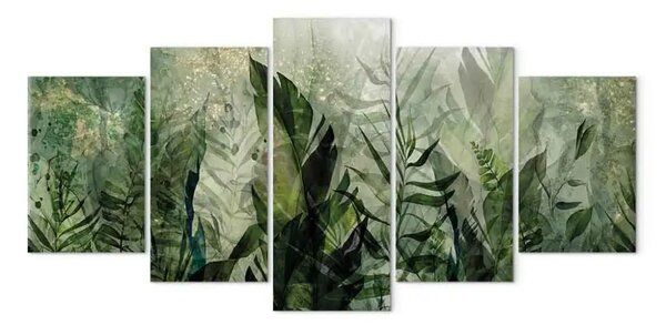 Quadro Foglie tropicali - piante in rugiada su uno sfondo di verde nebbioso