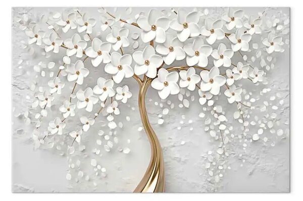 Quadro moderno Magnolia magica - albero dorato con fiori bianchi - panoramico