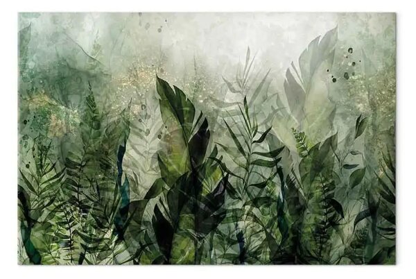 Quadro su tela Giungla - piante tropicali con rugiada nebbiosa in verde