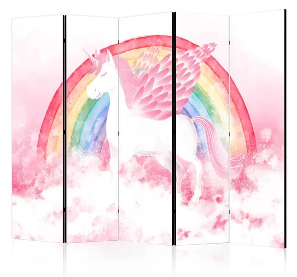 Paravento Pink power II - unicorno con ali e arcobaleno su uno sfondo di nuvole