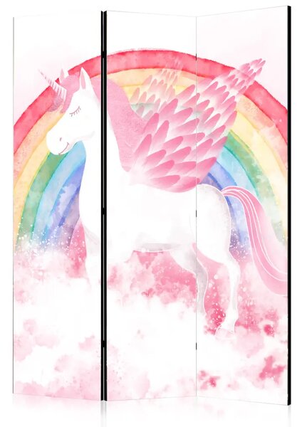 Paravento Pink power - unicorno con ali e arcobaleno su sfondo nuvoloso