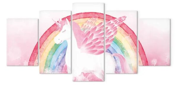Quadro contemporaneo Potere rosa dell'unicorno - animale alato su sfondo arcobaleno