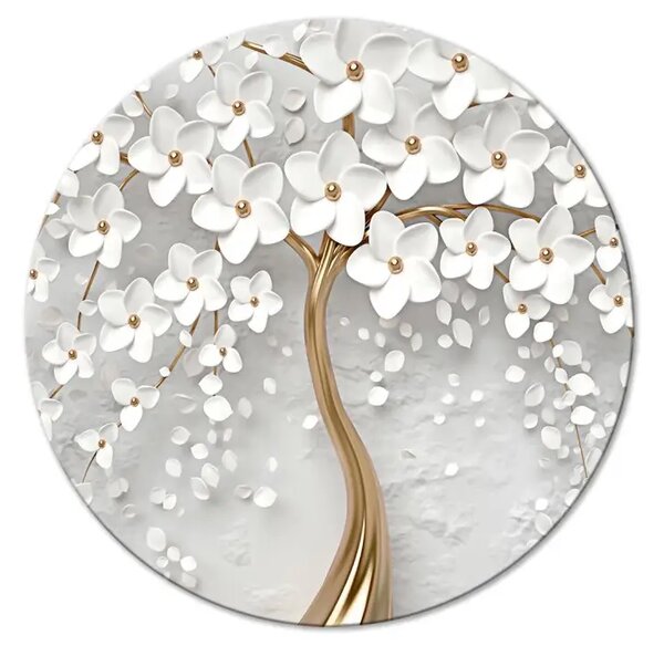 Quadro rotondo Magnolia magica - albero astratto con fiori bianchi