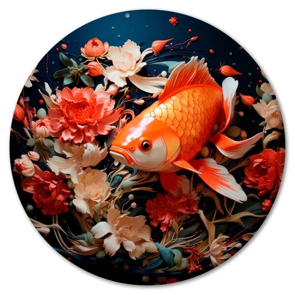Quadro rotondo Esaudirò i tuoi tre desideri - pesce rosso e fiori in acqua