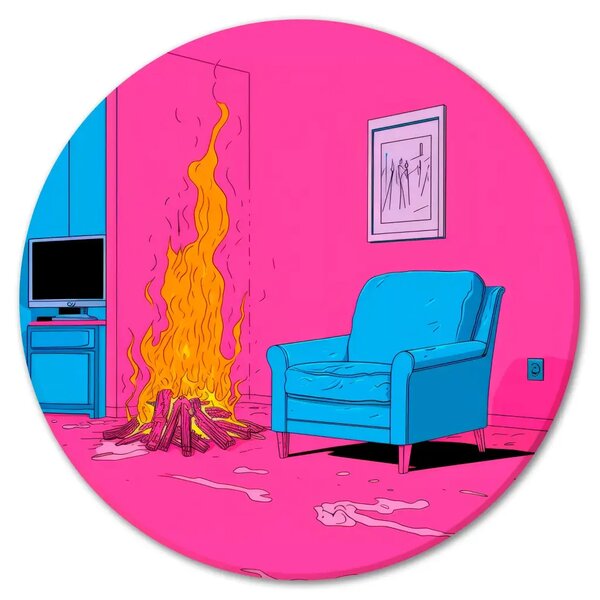 Quadro rotondo Falò domestico - un focolare e una poltrona blu su una parete rosa