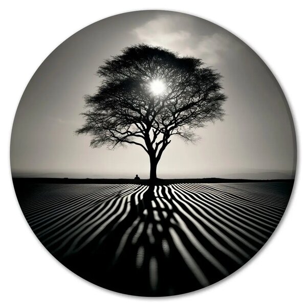 Quadro rotondo Crepuscolo in bianco e nero - paesaggio monocromatico con tramonto