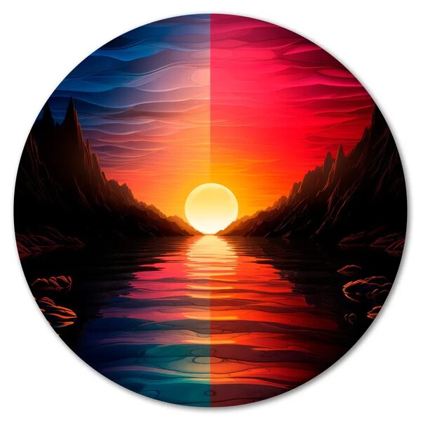 Quadro rotondo Tramonto viola - sole arancione tramonta dietro fiume montano