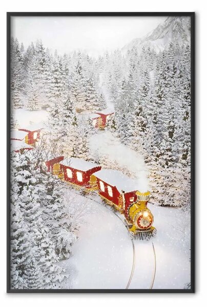 Poster: Treno di Natale - treno rosso che attraversa una foresta innevata