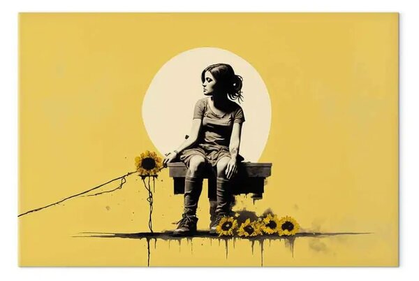Quadro contemporaneo Ragazza e girasoli - composizione gialla ispirata allo stile Banksy