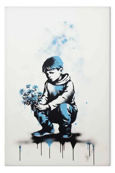 Quadro contemporaneo Fiori blu - un ragazzo con un bouquet ispirato allo stile Banksy
