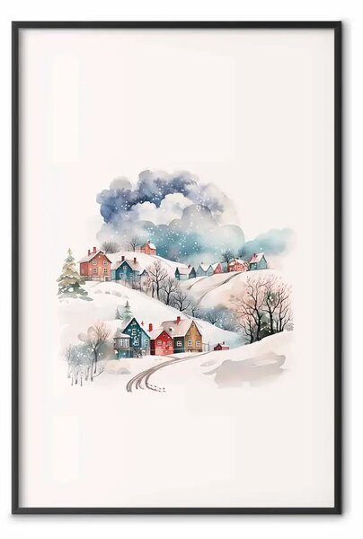 Poster: Villaggio di Natale - illustrazione di un paesaggio invernale