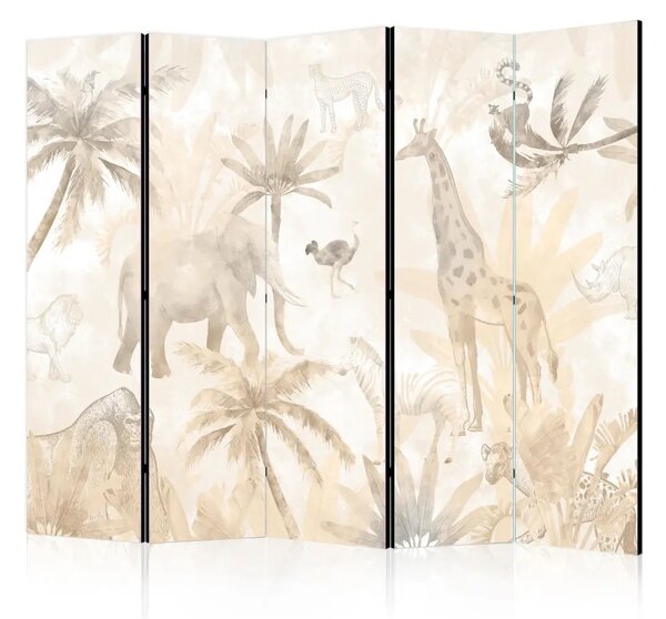 Paravento Safari tropicale II - animali selvatici in beige su sfondo bianco
