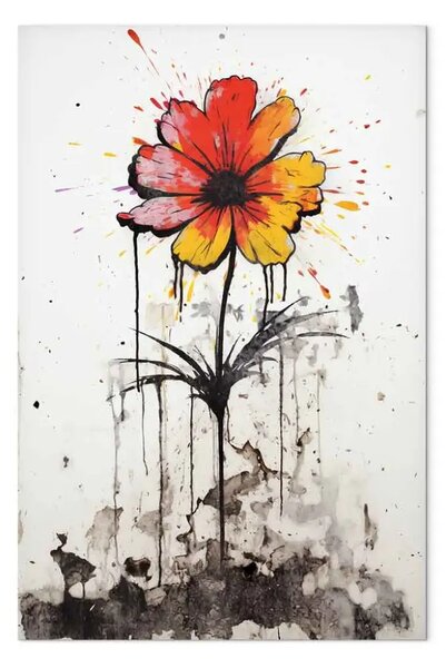 Quadro su tela Fiore graffito - composizione colorata ispirata a Banksy su un muro