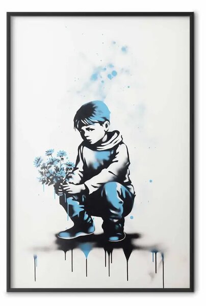 Poster: Graffiti blu - ragazzo con bouquet ispirato allo stile Banksy