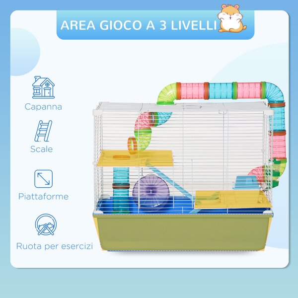 PawHut Gabbia per Criceti a 3 Livelli con Tunnel, Casetta e Ruota per Criceti, 59x36x47cm, Blu e Bianco