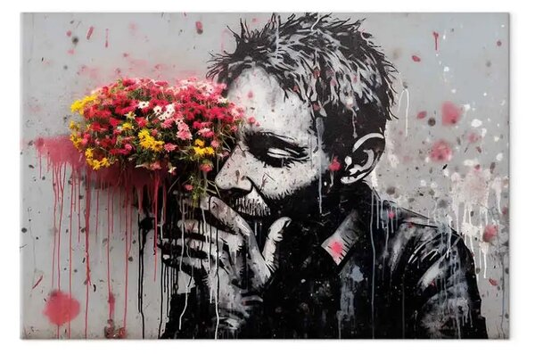 Quadro moderno Uomo con fiori - arte di strada con un tocco floreale