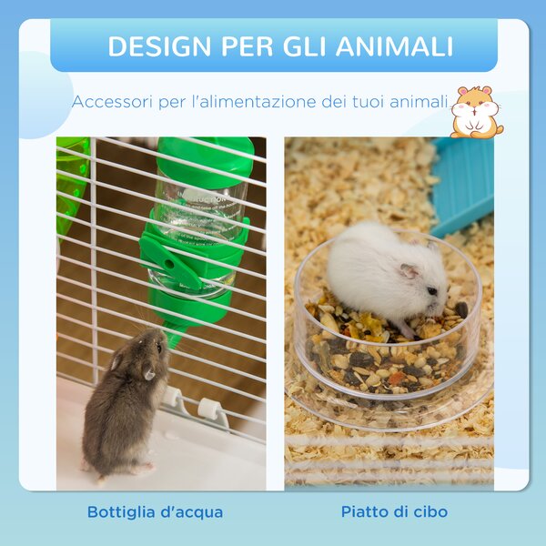 PawHut Gabbia per Criceti a 3 Livelli con Tunnel, Casetta e Ruota per Criceti, 59x36x47cm, Blu e Bianco