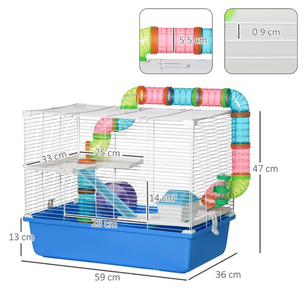 PawHut Gabbia per Criceti a 3 Livelli con Tunnel, Casetta e Ruota per Criceti, 59x36x47cm, Blu e Bianco