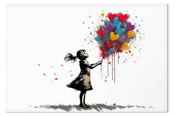 Quadro su tela Graffiti colorati - ragazza con palloncini a forma di cuore