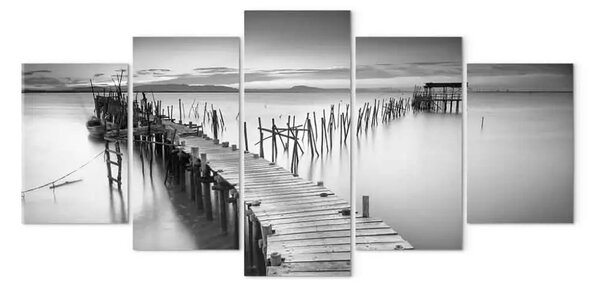 Quadro su tela Ponte lago - bianco e nero tramonto
