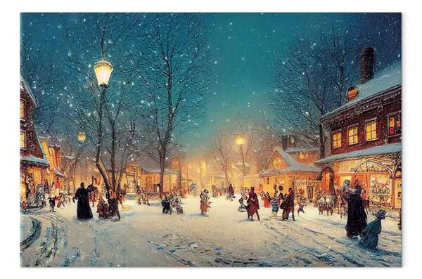 Quadro moderno Città invernale - strada innevata illuminata con lanterne retrò