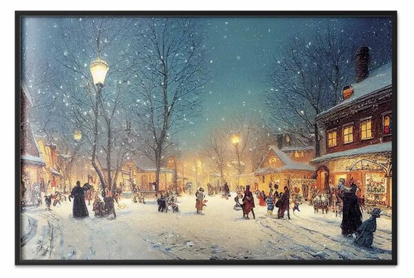 Poster: Cartolina invernale - una strada innevata illuminata da lanterne retrò
