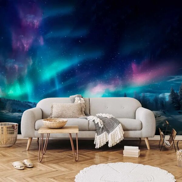 Carta da parati moderna Spettacolo della natura – aurora boreale colorata sul cielo notturno
