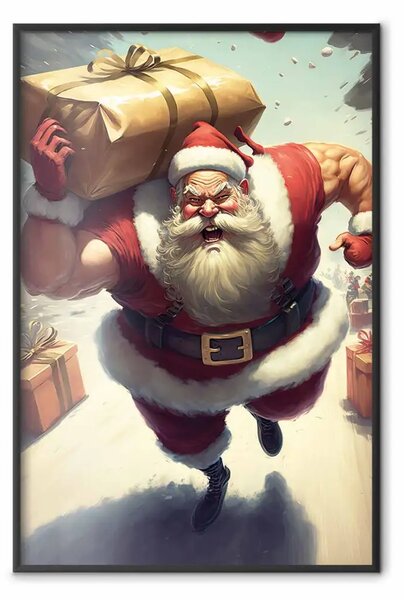 Poster: Follia natalizia - un Babbo Natale muscoloso con un regalo in mano