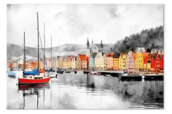 Quadro su tela Bergen - porto norvegese con case colorate sullo sfondo