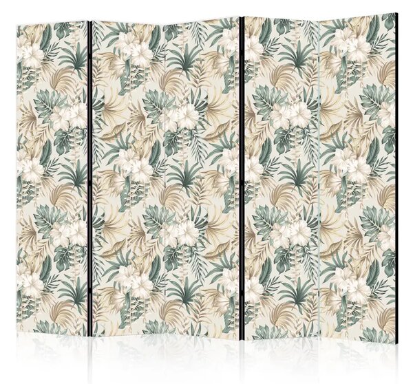 Paravento separè Natura selvaggia in fiore II - piante tropicali su sfondo beige