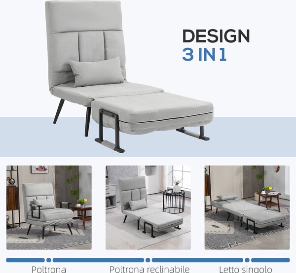 HOMCOM Poltrona Letto Singola 3 in 1 con Cuscino Incluso, in Acciaio e Poliestere, 71x71x97 cm, Grigio Chiaro|Aosom