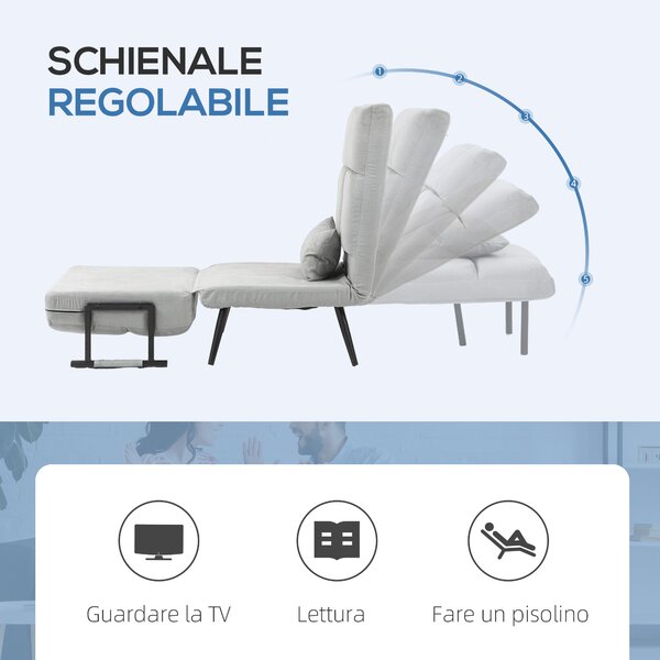 HOMCOM Poltrona Letto Singola 3 in 1 con Cuscino Incluso, in Acciaio e Poliestere, 71x71x97 cm, Grigio Chiaro|Aosom