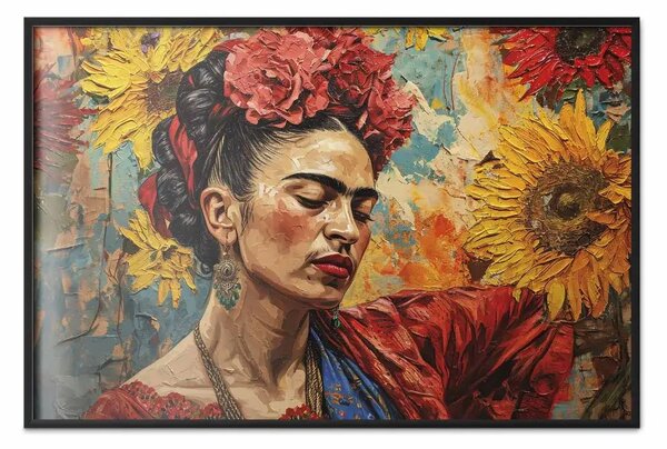 Poster: Ritratto di Frida - donna su sfondo di girasoli ispirati a Van Gogh