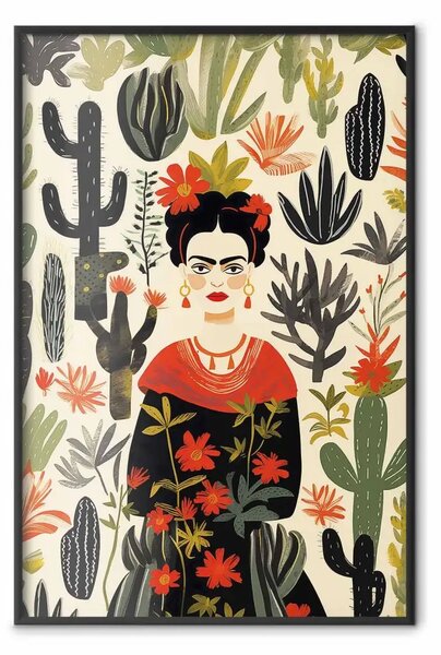 Poster: Frida nel deserto - composizione con la pittrice e cactus sullo sfondo