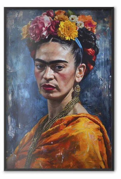 Poster: Frida Kahlo - ritratto di donna su sfondo pittorico blu scuro