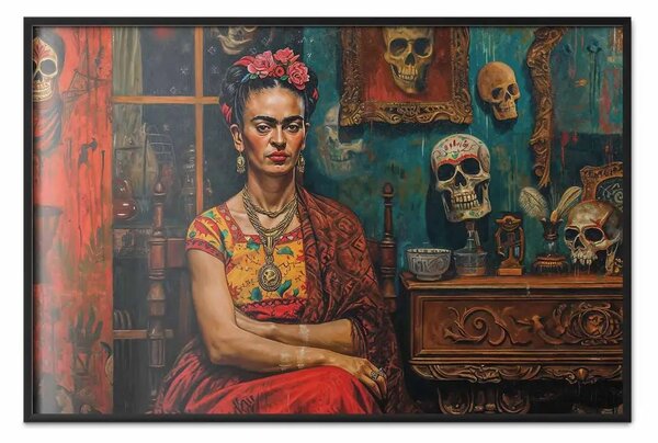 Poster: Frida Kahlo - seduta in una stanza con teschi
