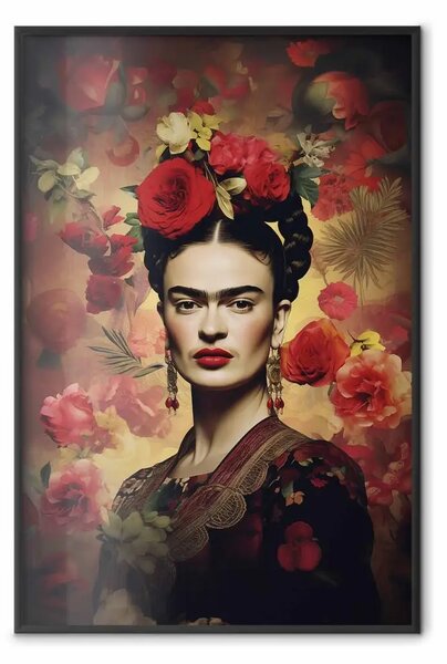 Poster: Ritratto con rose - Frida Kahlo su uno sfondo marrone pieno di fiori
